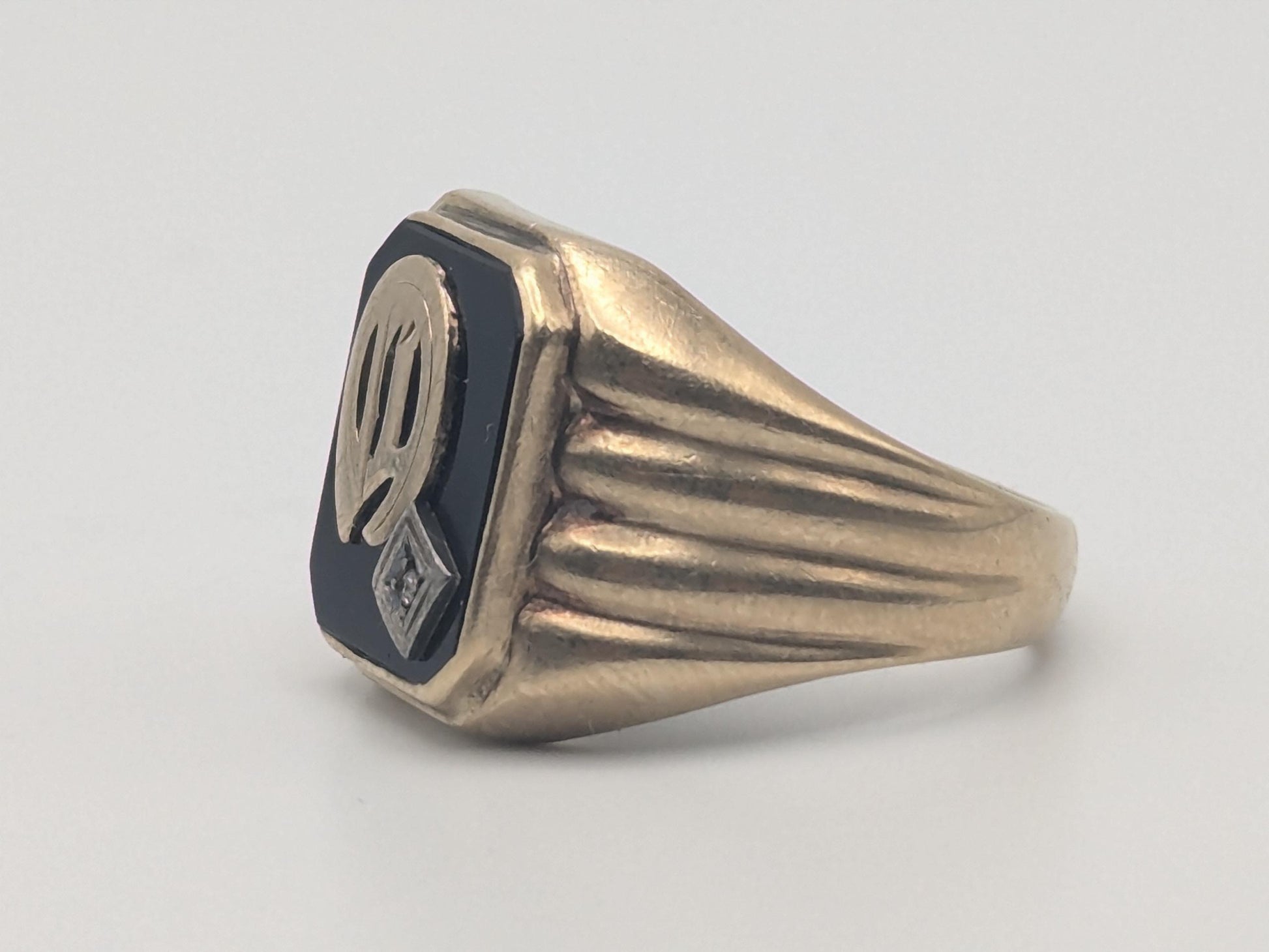 Vintage 10k White Gold Monogram Letter A Black Onyx Diamond Ring Pinky Ring