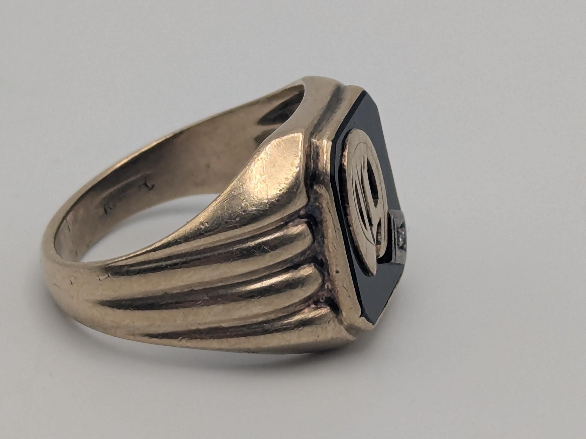 Vintage 10k White Gold Monogram Letter A Black Onyx Diamond Ring Pinky Ring