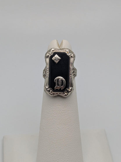 Vintage 10k White Gold Monogram Letter D Black Onyx Diamond Ring Pinky Ring