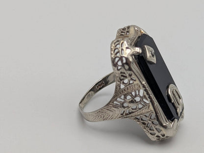 Vintage 10k White Gold Monogram Letter D Black Onyx Diamond Ring Pinky Ring