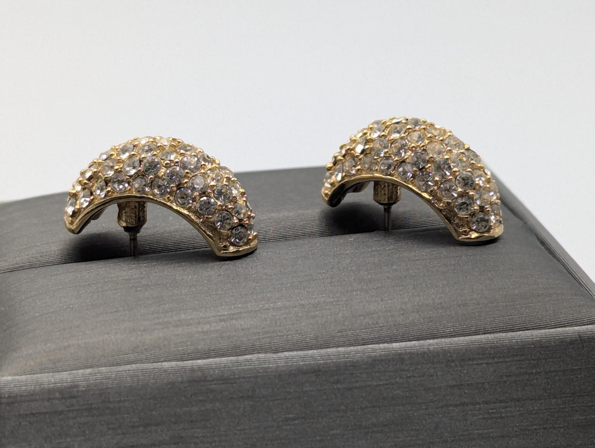 Vintage 14k GP Christian Dior Half Moon Earrings Huggie Swarovski Crystals
