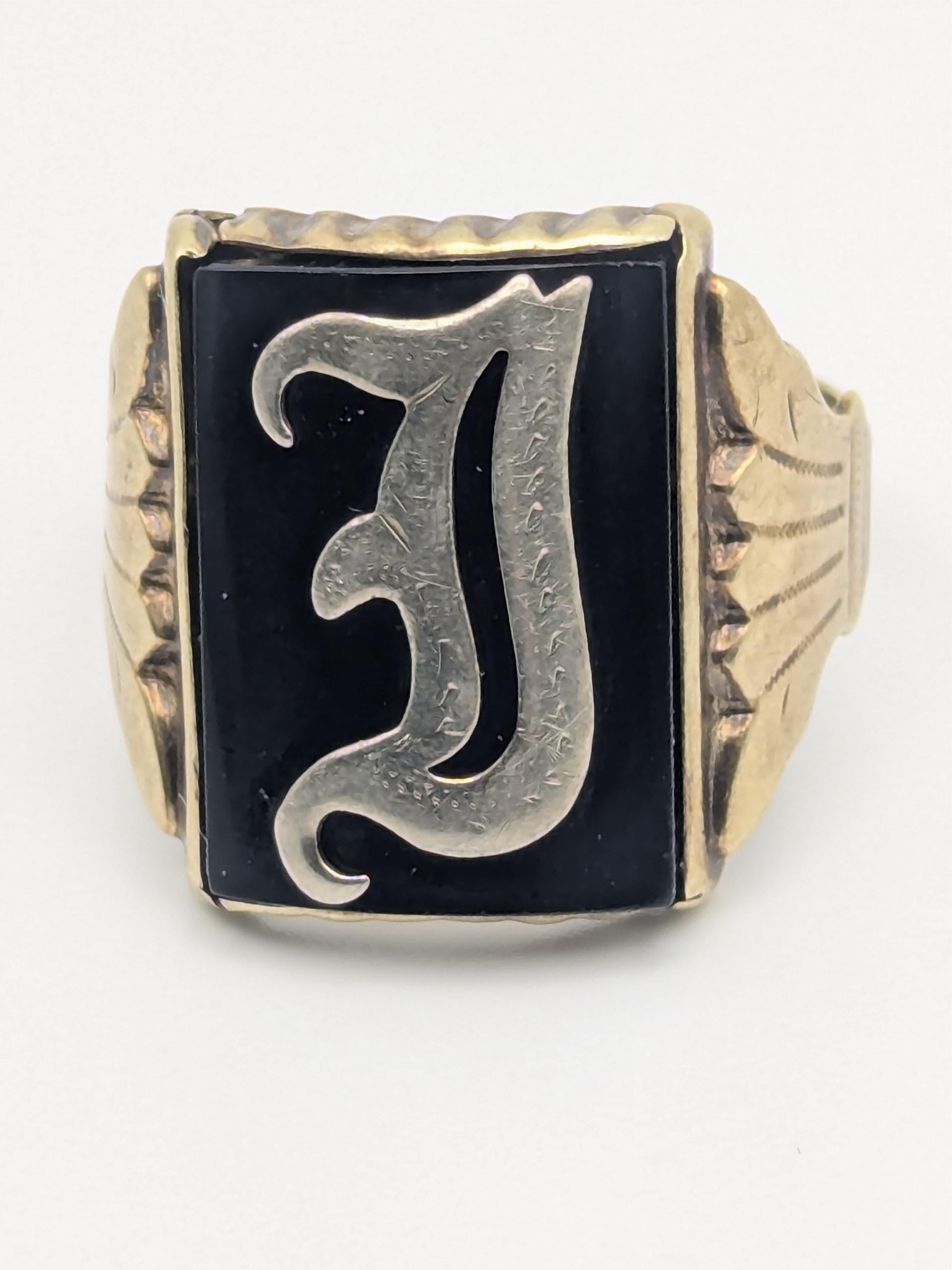 Vintage 14k White Gold Monogram Letter J or E Black Onyx Ring Statement Ring