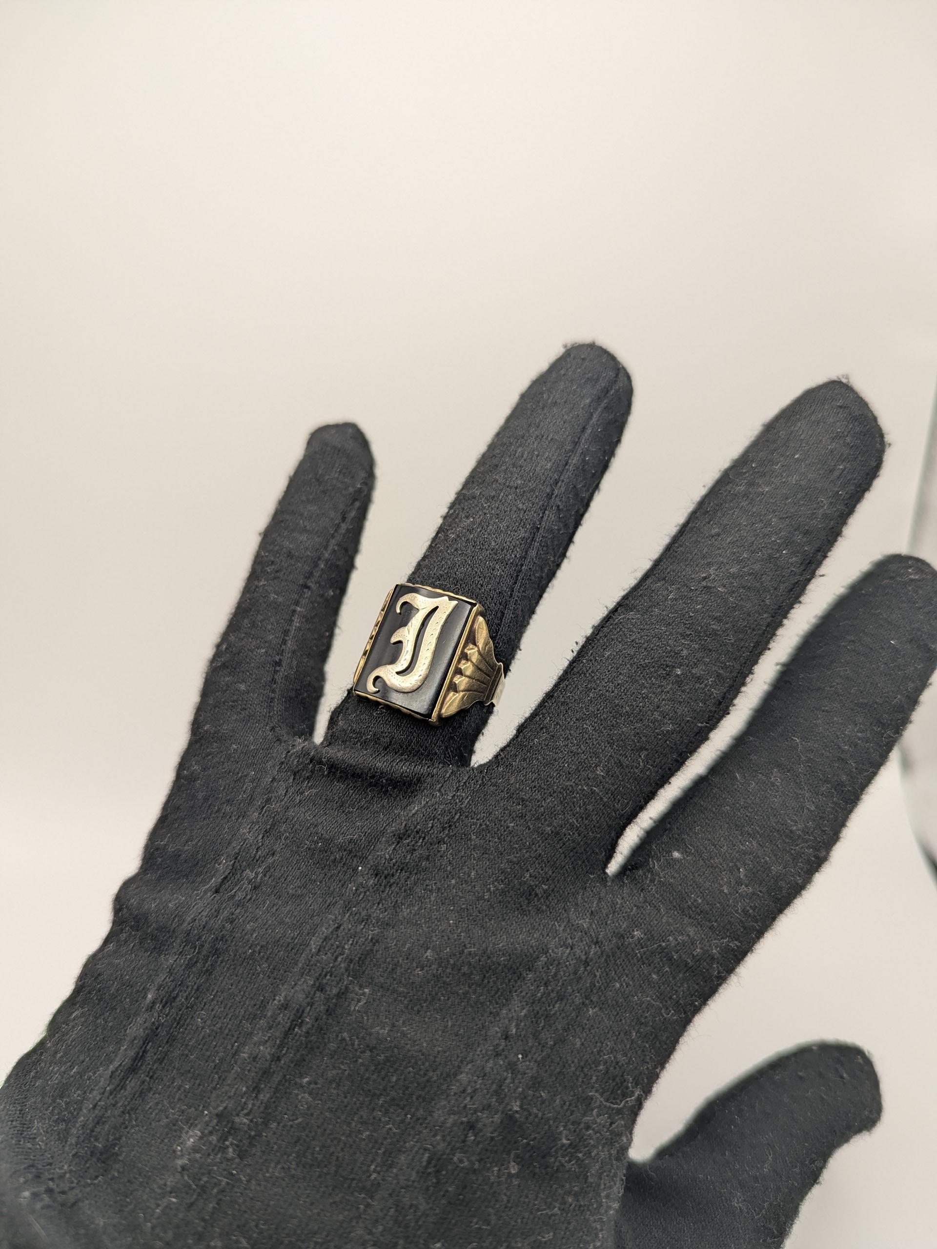 Vintage 14k White Gold Monogram Letter J or E Black Onyx Ring Statement Ring