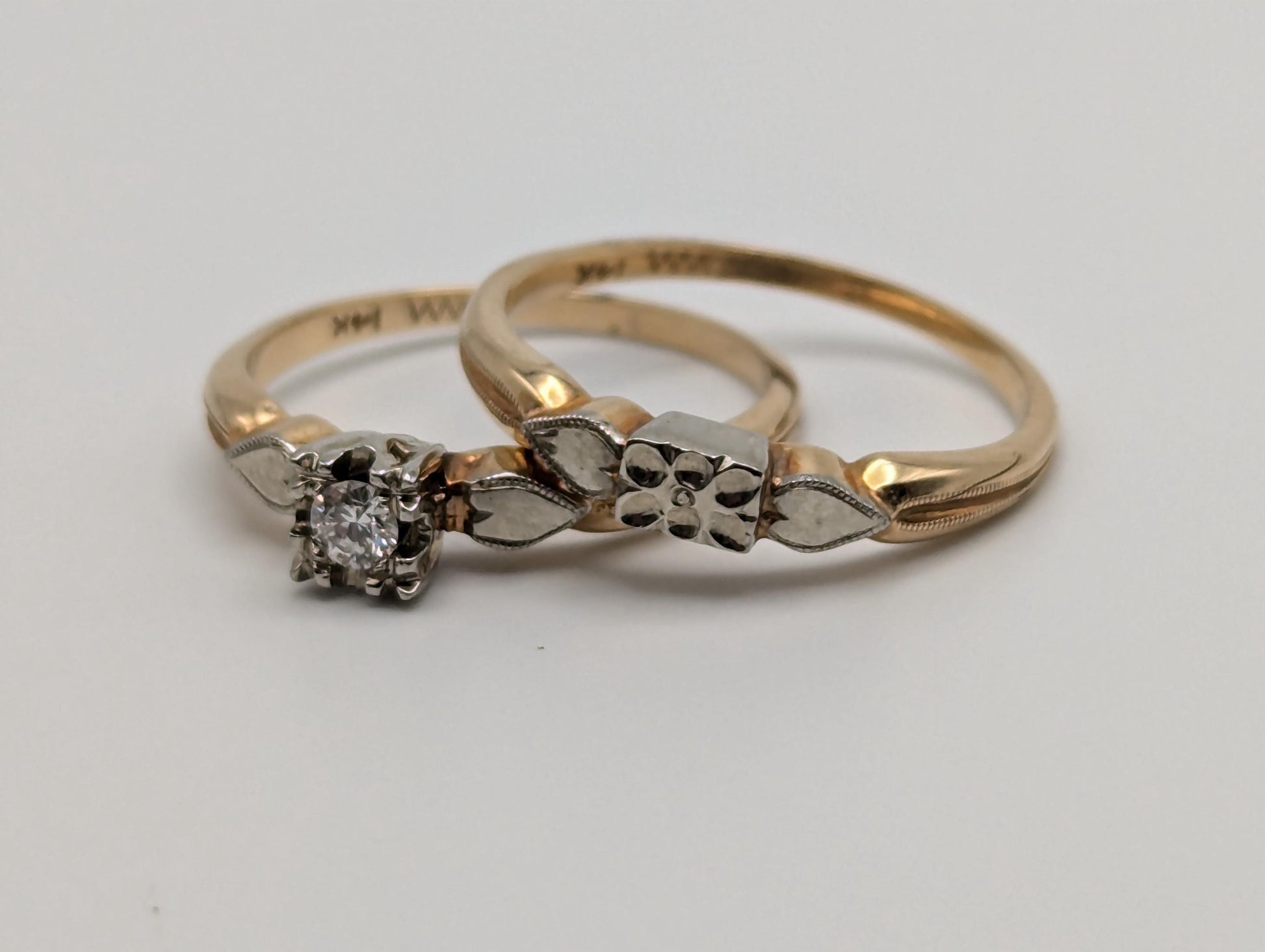 Vintage 14k White and Yellow Gold Diamond Solitaire Wedding Ring Engagement Ring