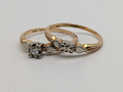 Vintage 14k White and Yellow Gold Diamond Solitaire Wedding Ring Engagement Ring