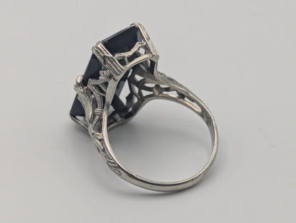 Vintage 18k White Gold Art Deco Black Onyx Ring Midnight Statement Ring