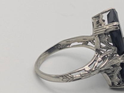 Vintage 18k White Gold Art Deco Black Onyx Ring Midnight Statement Ring