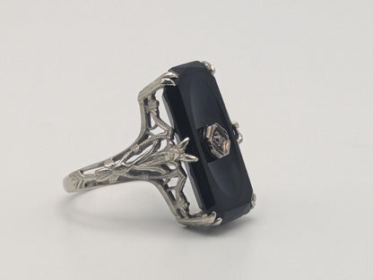 Vintage 18k White Gold Art Deco Black Onyx Ring Midnight Statement Ring