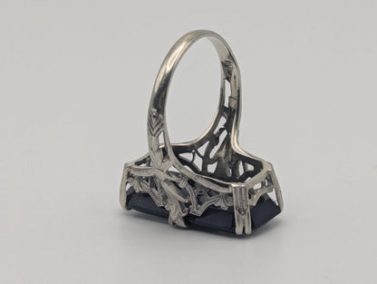 Vintage 18k White Gold Art Deco Black Onyx Ring Midnight Statement Ring