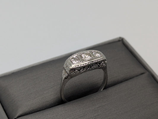 Vintage Art Deco 18K White Gold Triple Stone Filigree .59 ctw Diamond Ring