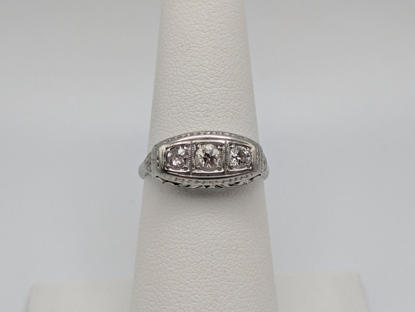 Vintage Art Deco 18K White Gold Triple Stone Filigree .59 ctw Diamond Ring