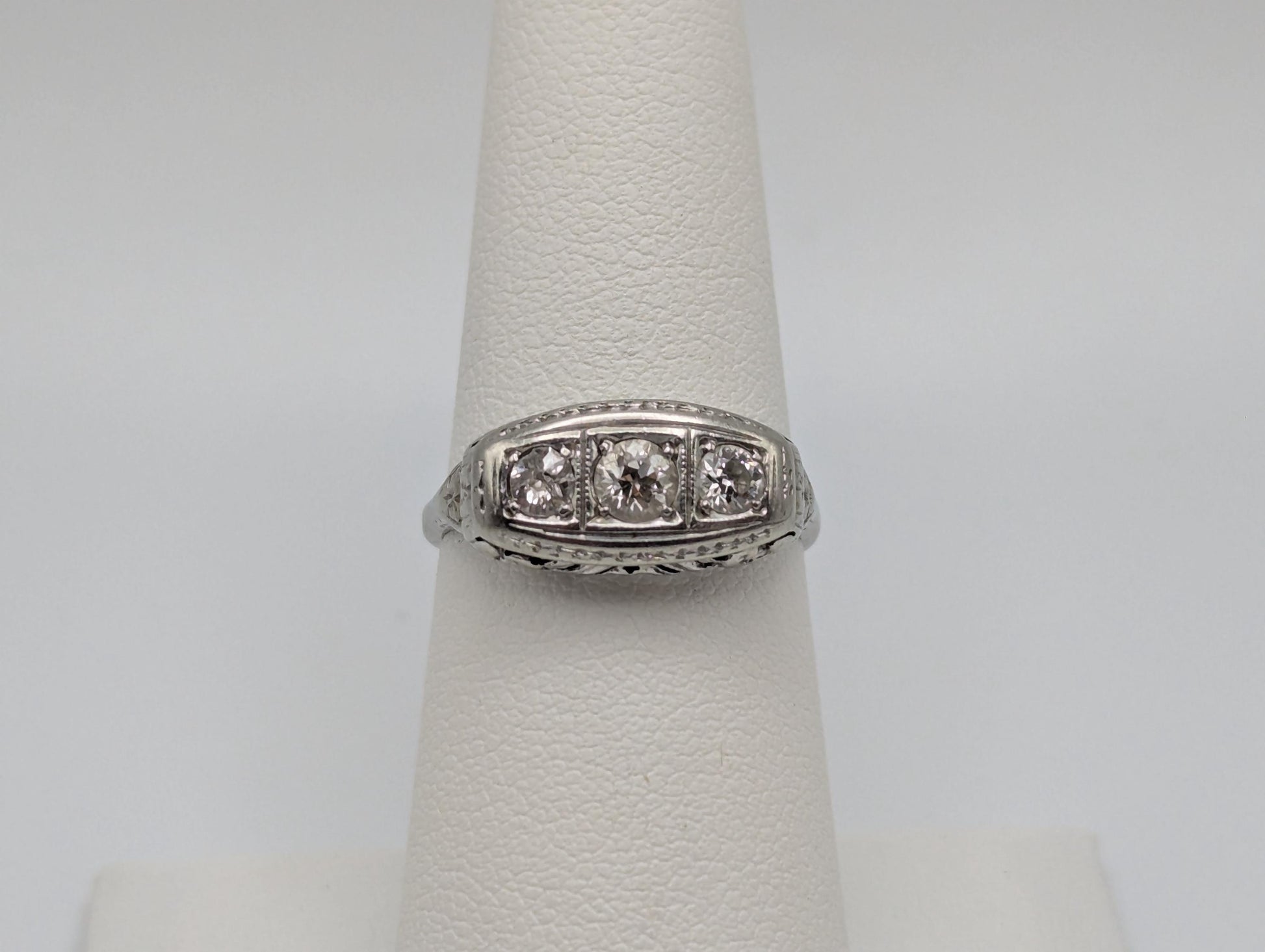 Vintage Art Deco 18K White Gold Triple Stone Filigree .59 ctw Diamond Ring