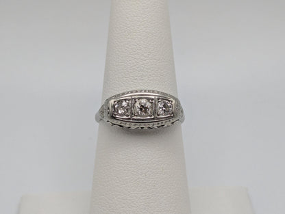 Vintage Art Deco 18K White Gold Triple Stone Filigree .59 ctw Diamond Ring