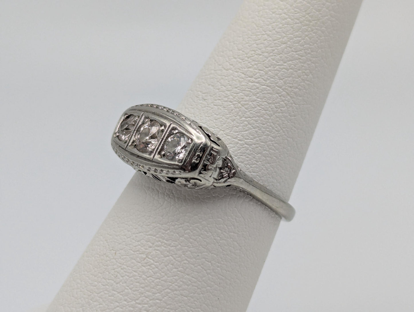 Vintage Art Deco 18K White Gold Triple Stone Filigree .59 ctw Diamond Ring