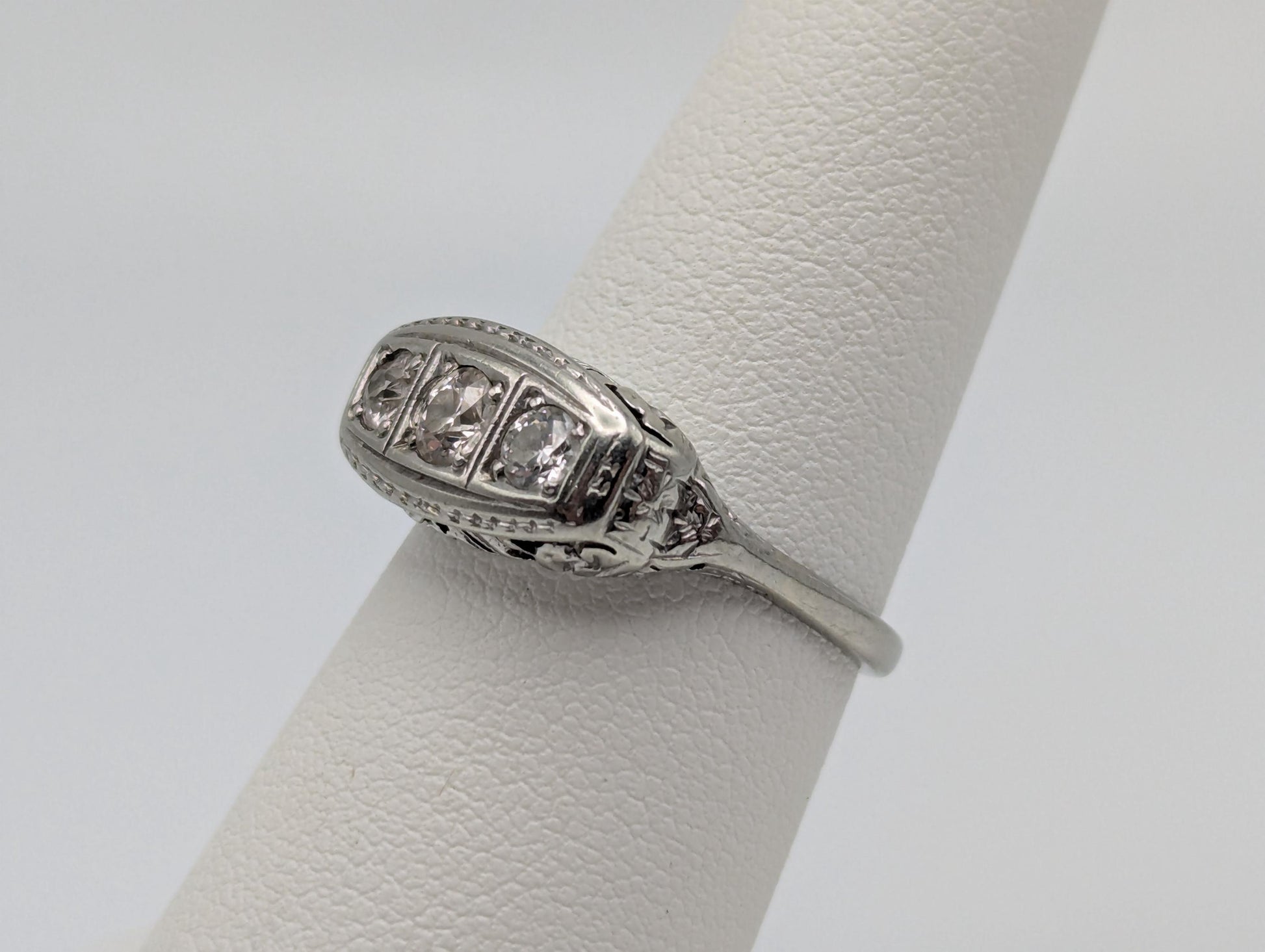 Vintage Art Deco 18K White Gold Triple Stone Filigree .59 ctw Diamond Ring