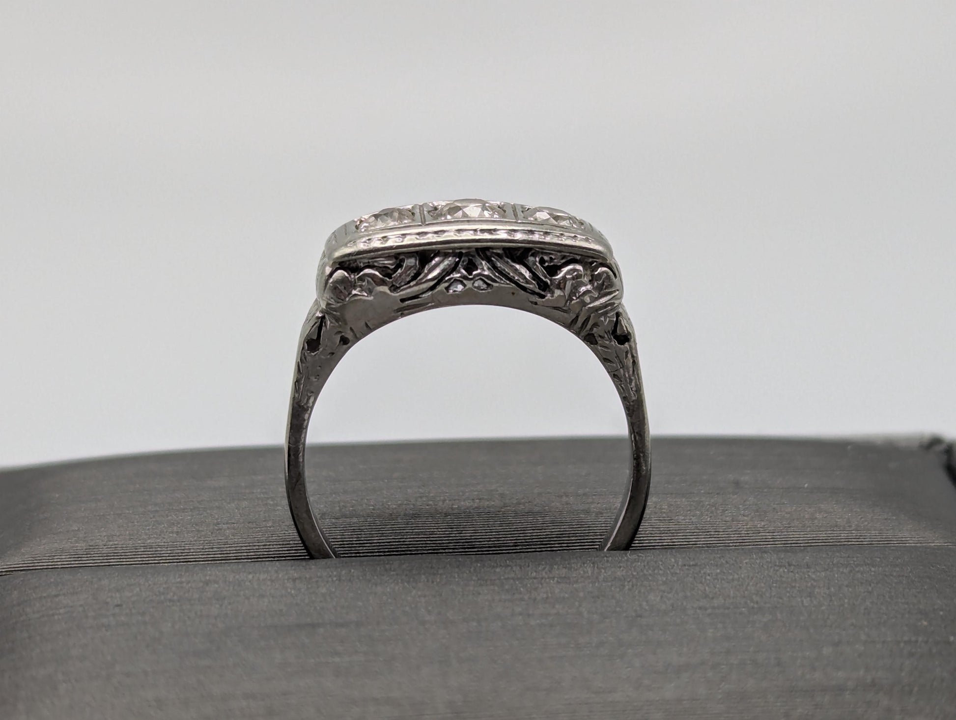Vintage Art Deco 18K White Gold Triple Stone Filigree .59 ctw Diamond Ring
