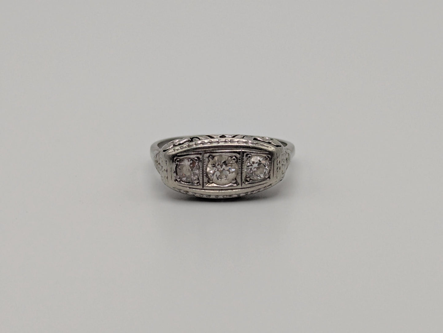 Vintage Art Deco 18K White Gold Triple Stone Filigree .59 ctw Diamond Ring
