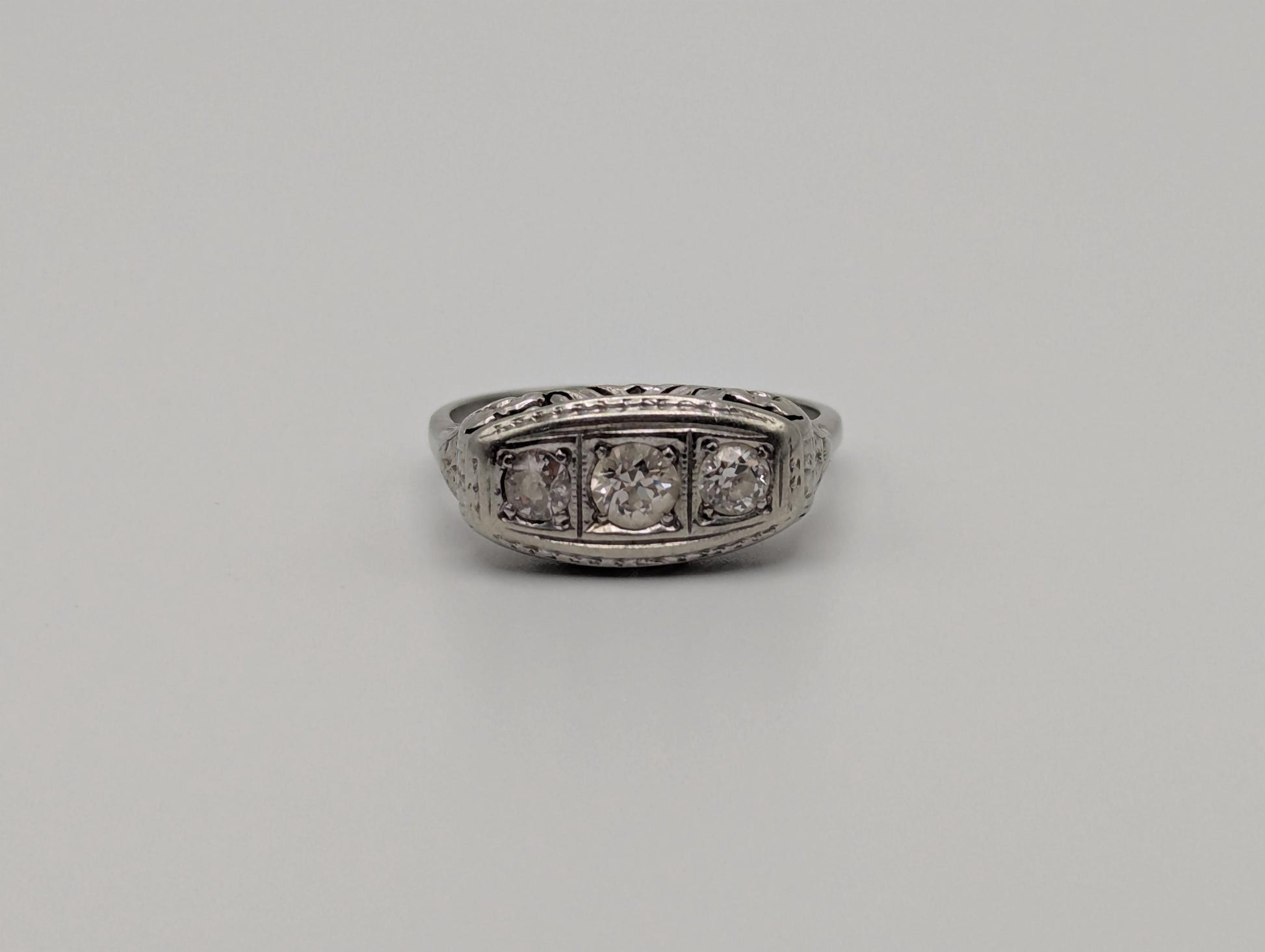 Vintage Art Deco 18K White Gold Triple Stone Filigree .59 ctw Diamond Ring