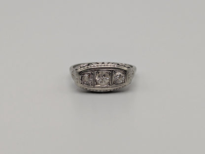 Vintage Art Deco 18K White Gold Triple Stone Filigree .59 ctw Diamond Ring