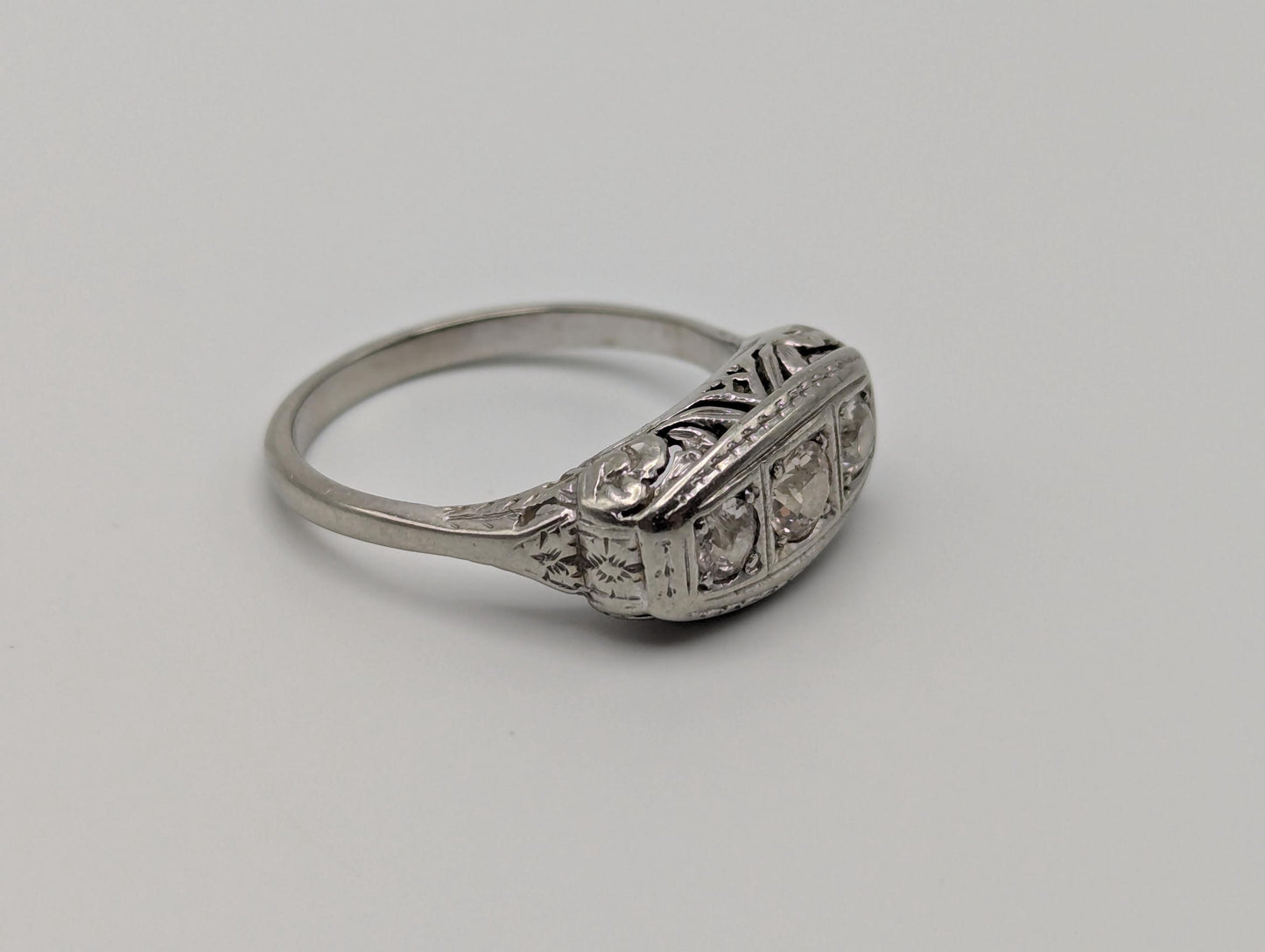 Vintage Art Deco 18K White Gold Triple Stone Filigree .59 ctw Diamond Ring