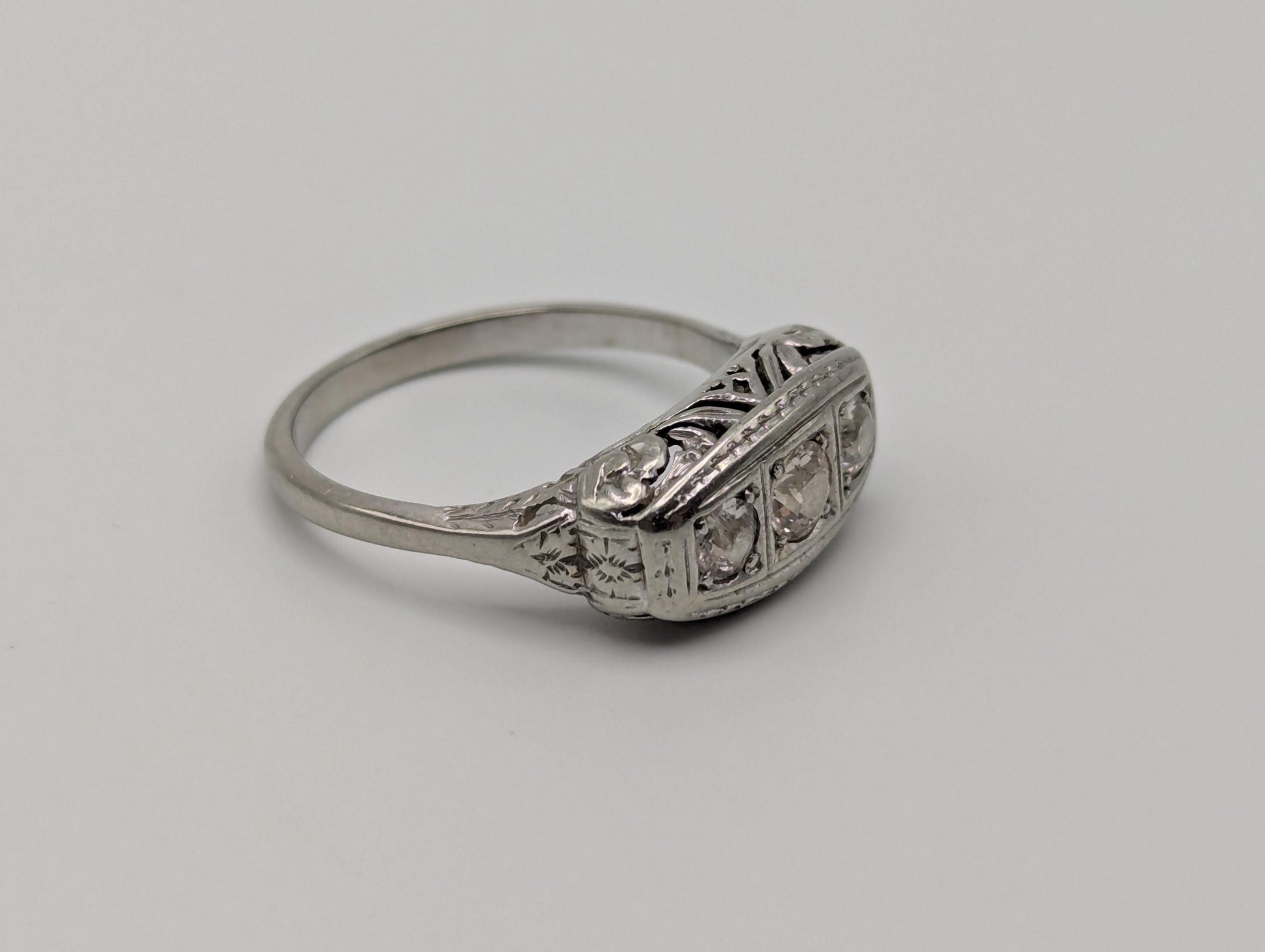 Vintage Art Deco 18K White Gold Triple Stone Filigree .59 ctw Diamond Ring