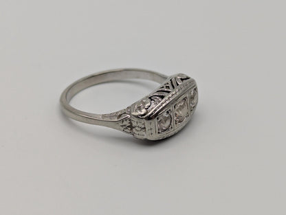 Vintage Art Deco 18K White Gold Triple Stone Filigree .59 ctw Diamond Ring