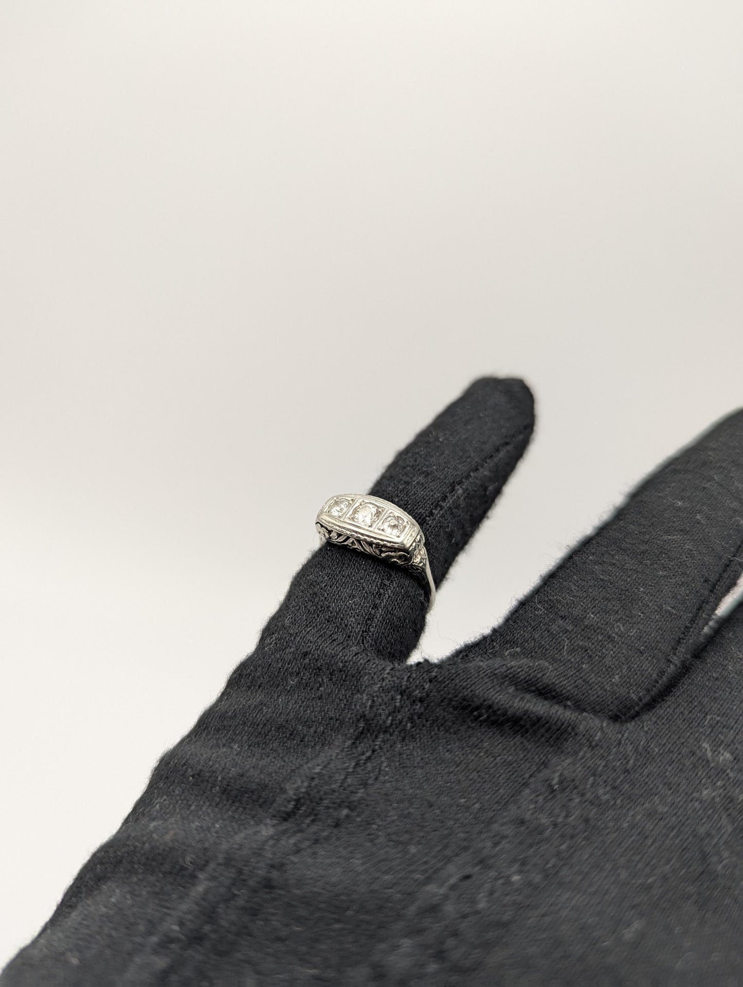 Vintage Art Deco 18K White Gold Triple Stone Filigree .59 ctw Diamond Ring