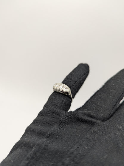 Vintage Art Deco 18K White Gold Triple Stone Filigree .59 ctw Diamond Ring