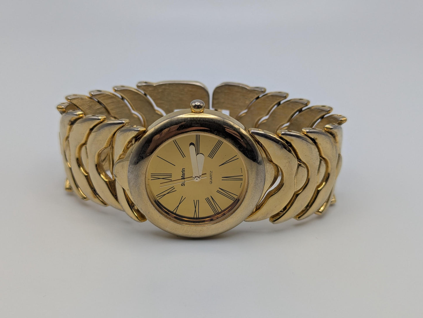 Vintage St. Marin Gold Tone Fance Link Wide Bracelet Watch. 8.5 "