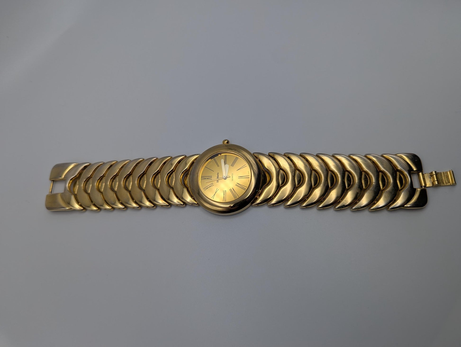 Vintage St. Marin Gold Tone Fance Link Wide Bracelet Watch. 8.5 "