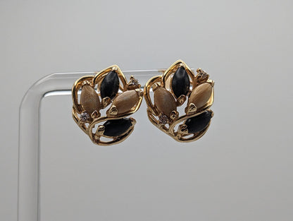 Vintage Unique 14k Yellow Gold Black Onyx Wood Jasper Wheat Earrings