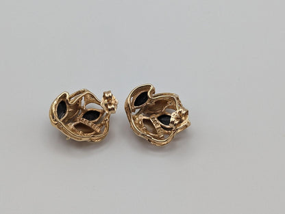 Vintage Unique 14k Yellow Gold Black Onyx Wood Jasper Wheat Earrings