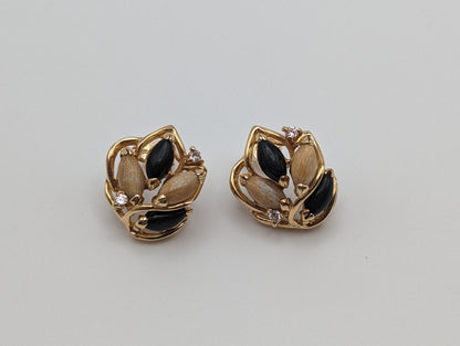 Vintage Unique 14k Yellow Gold Black Onyx Wood Jasper Wheat Earrings
