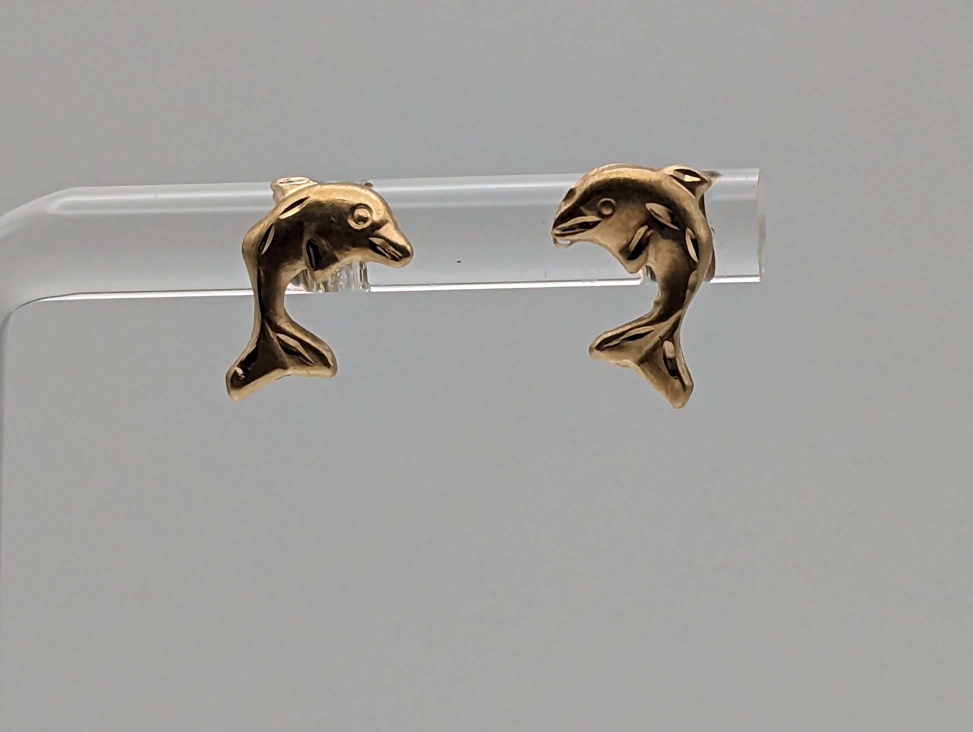 Dainty Whimsical Solid Gold 14K Yellow Gold Dolphin Stud Earrings