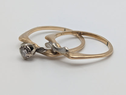 Antique Cosmic Art Nouveau 14k Multi Color Gold Diamond Wedding Ring Set Band. 14k Gold Engagement Ring and Wedding Ring. 14k Wedding Kit