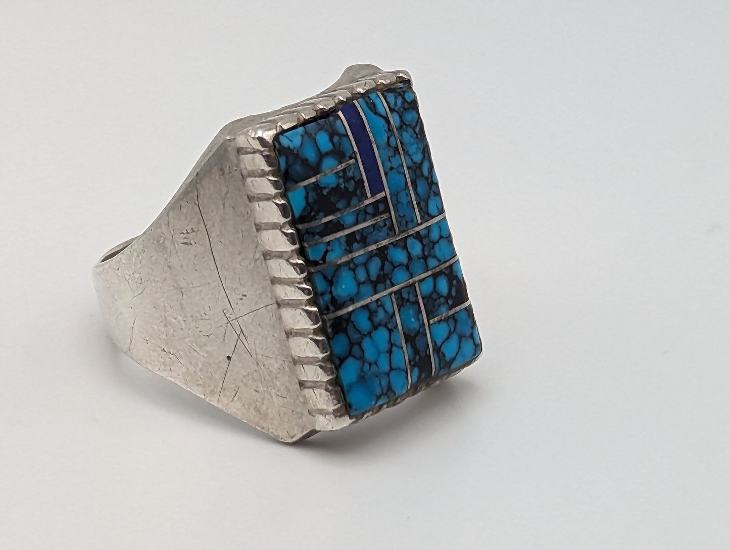 NAVAJO Zora Joe Silver Lapis Turquoise Signet Ring Heavy 17gr. Vintage Sterling Silver Art Deco Turquoise Ring. Boho Lapis Turquoise Ring.