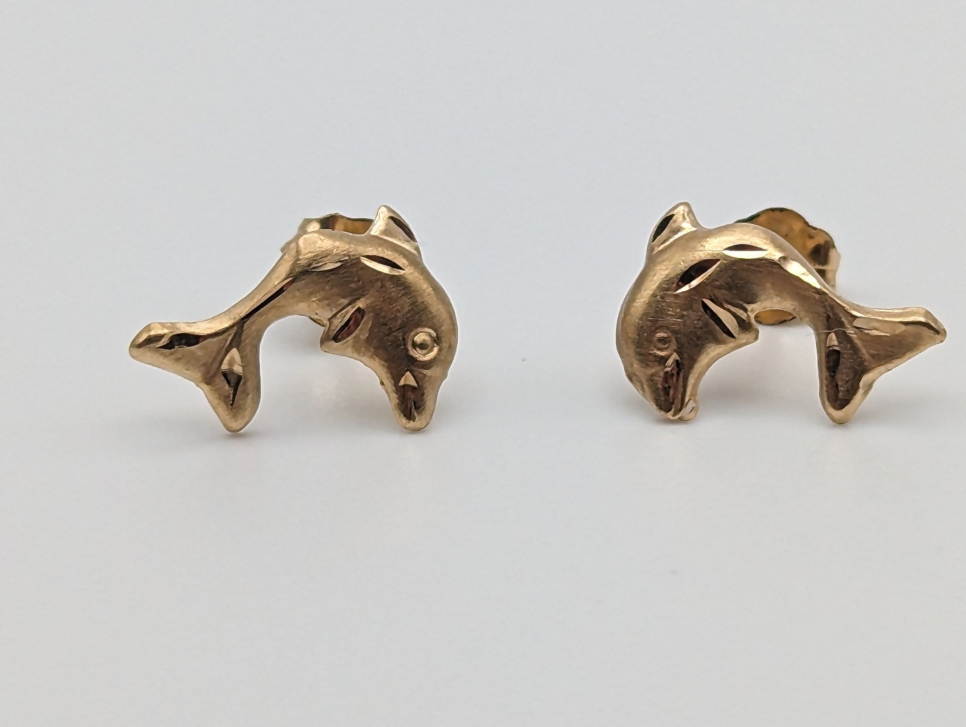 Dainty Whimsical Solid Gold 14K Yellow Gold Dolphin Stud Earrings