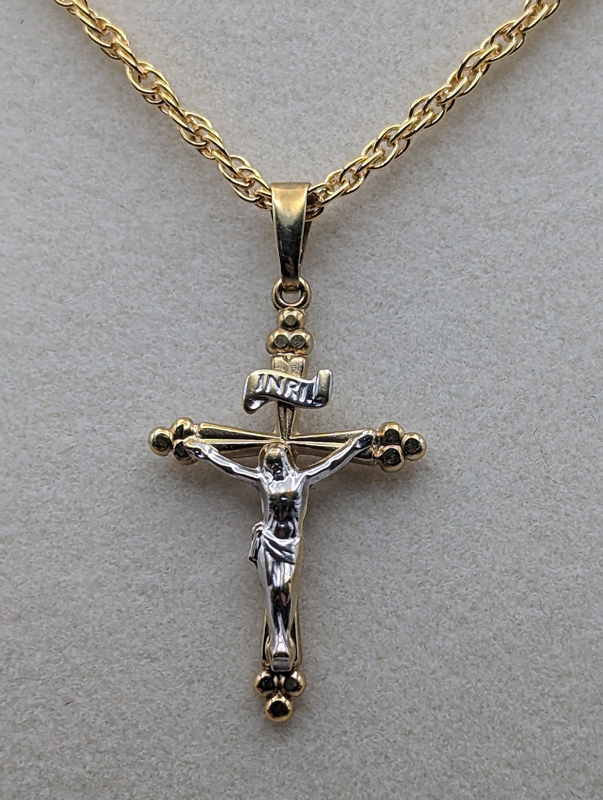 14k INRI Jesus Crucifix Cross Pendant. 14k Yellow & White Gold Crucifix. 14k Yellow Gold Cross Pendant + Complimentary 14k GF Necklace