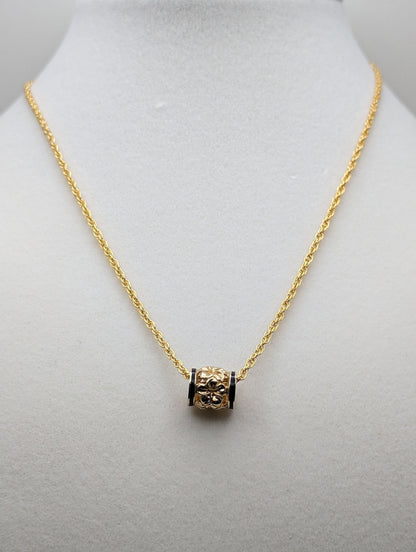 10mm 14k Gold Hawaiian Plumeria scroll Floral Filigree Barrel Chain Slide Pendant Black Enamel 14k Flower Barrel Charm + 14k GF Necklace