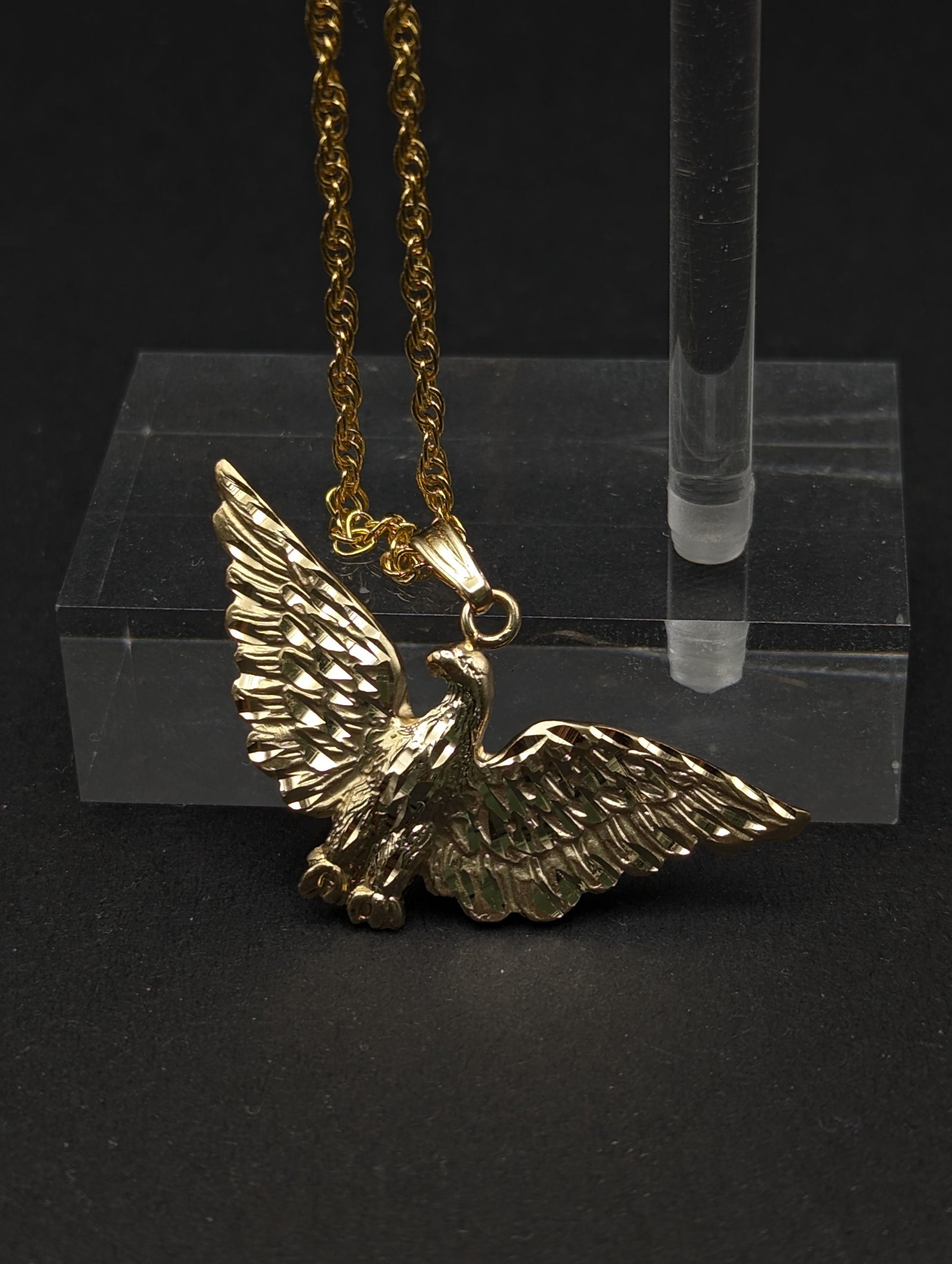 14k Yellow Gold Eagle Pendant. Solid Gold Diamond Cut Eagle Charm. 14k Eagle Pendant + Complimentary 14k GF Necklace