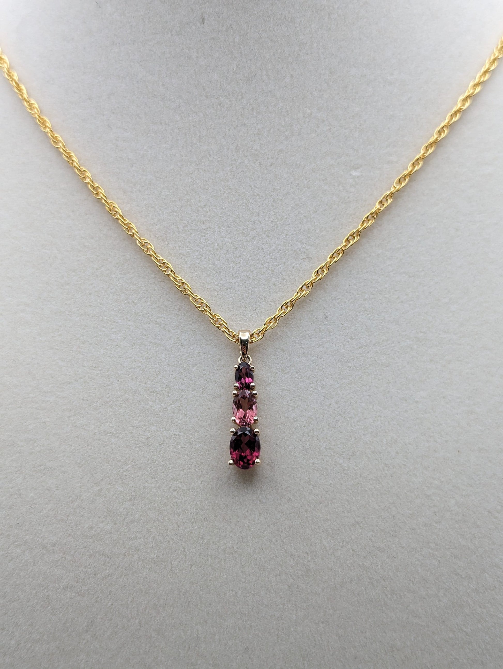 14k Yellow Gold Journey Pendant. 14k Three-Stone Journey. 14k Yellow Gold Pink Tourmaline Journey Pendant. + 14k GF Necklace