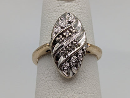 Vintage 14k Dinner Diamond Ring. Yellow and White Gold Marquise Cluster Diamond Ring. Cluster Diamond Marquise 14k Band. 14k Cocktail Ring.
