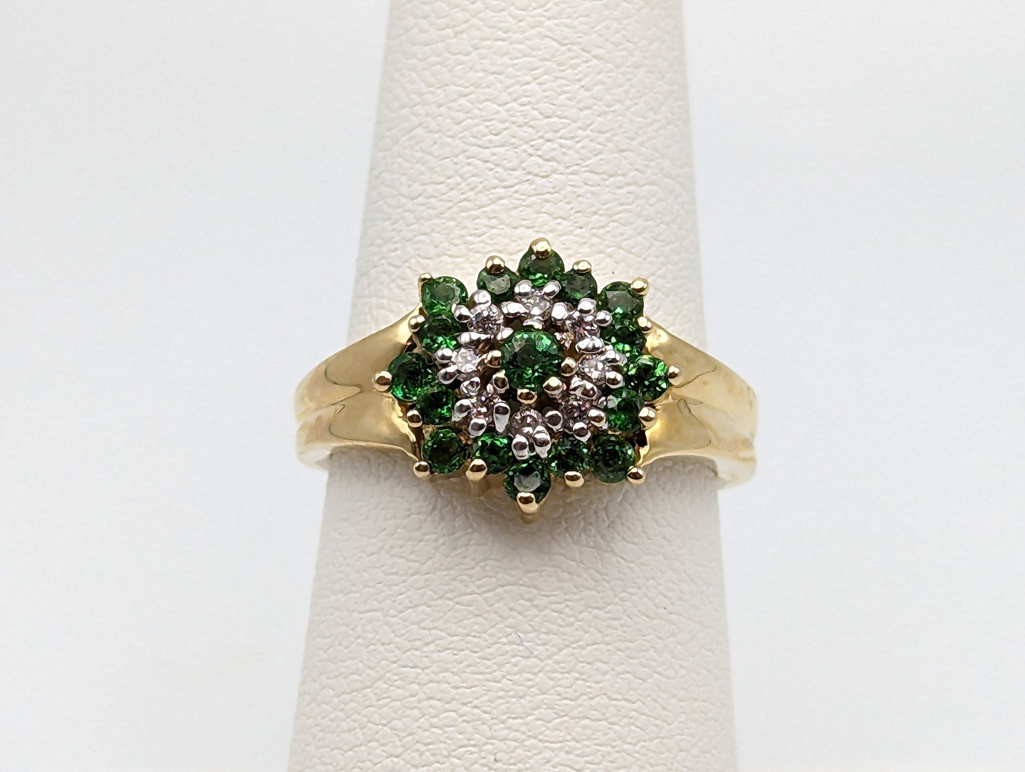 14k Tsavorite Garnet Diamond Halo Cluster Ring. Vintage Tsavorite Garnet Engagment Ring. 14k Gold Green Garnet Bridal Promise Ring.