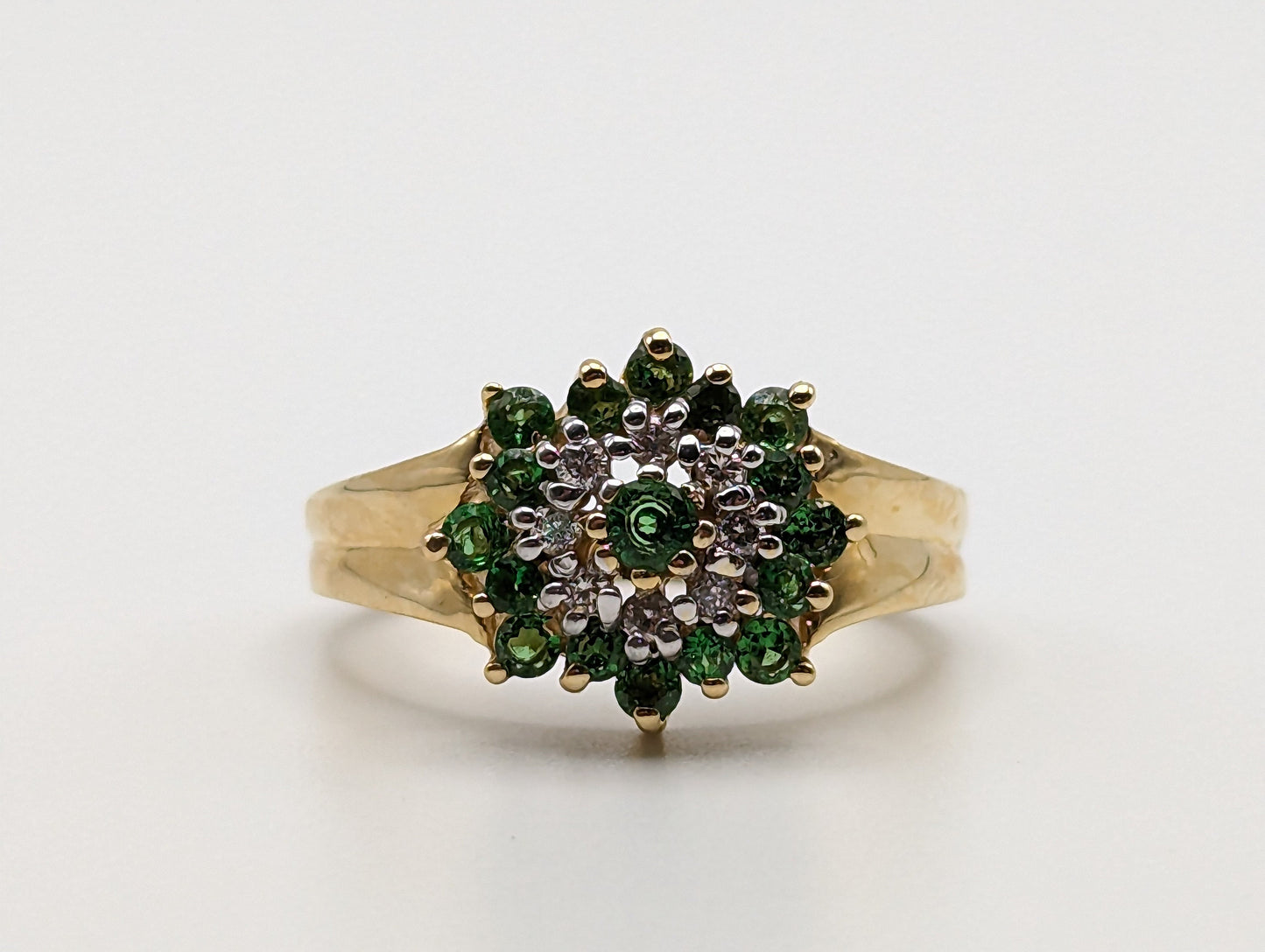 14k Tsavorite Garnet Diamond Halo Cluster Ring. Vintage Tsavorite Garnet Engagment Ring. 14k Gold Green Garnet Bridal Promise Ring.