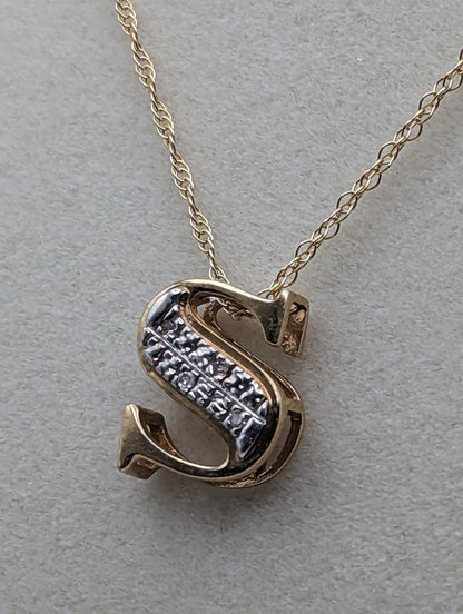 10k Yellow and White Gold Diamond Letter S Pendant. 10k Letter S Pendant. Complimentary 14k GF necklace