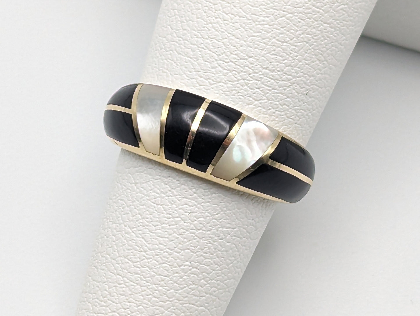 14k Yellow Gold Mother Pearl Inlays Onyx Ring. 14k Half Dome Mother Pearl Onyx Ring. Ladies Black Onyx & Mother Pearl Inlay Band in 14k.