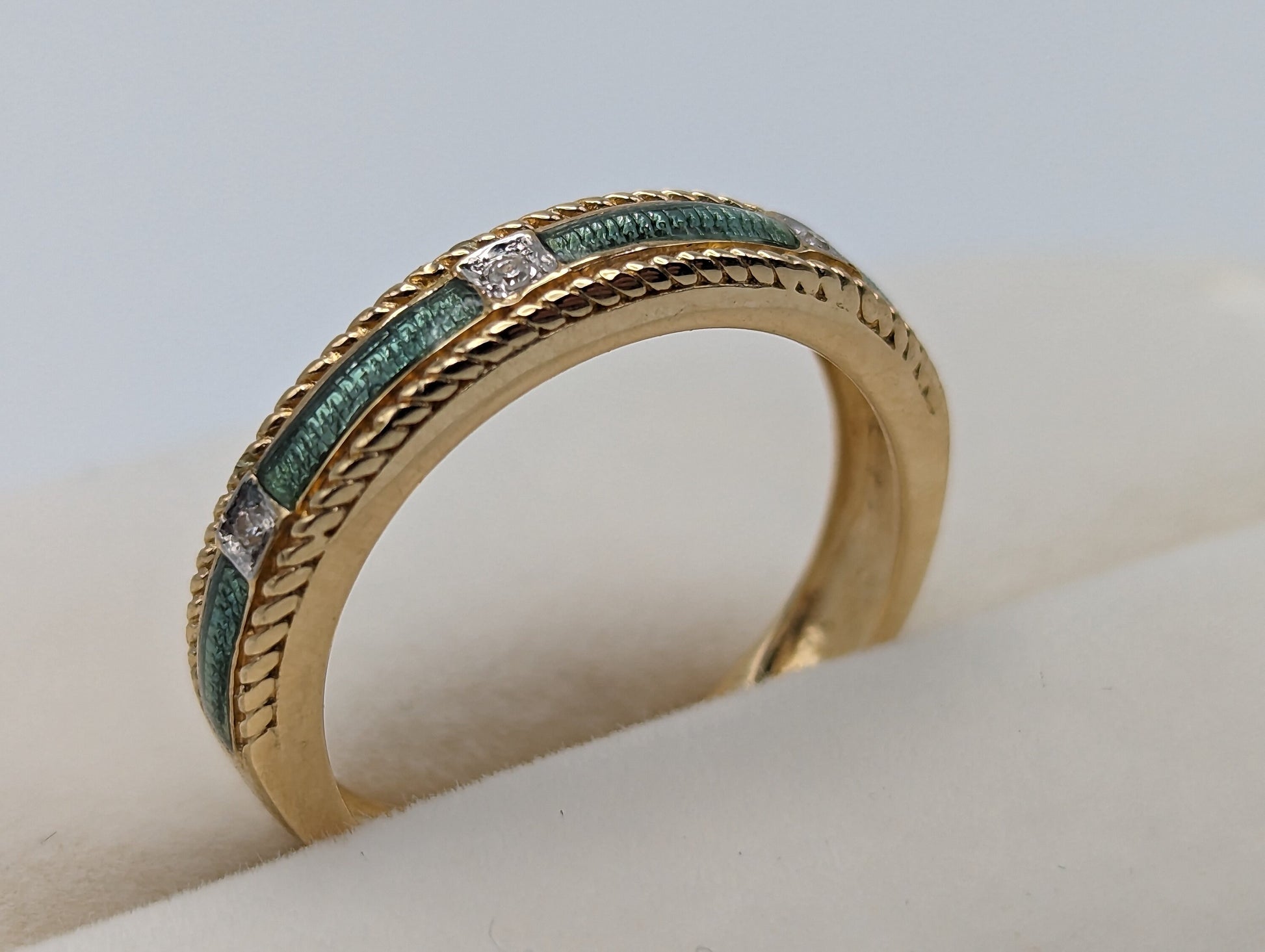 14k Green Enamel Bezel Set Diamond Ring. 14k Diamond Bezel Set Ring. 14k Green Enamel Ring.