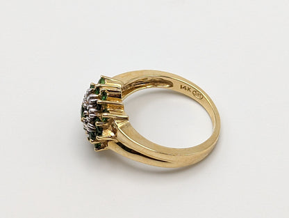14k Tsavorite Garnet Diamond Halo Cluster Ring. Vintage Tsavorite Garnet Engagment Ring. 14k Gold Green Garnet Bridal Promise Ring.