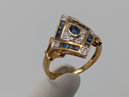 Vintage 14k Yellow Gold Diamond and Blue Sapphire Shield Ring Gold Art Deco Blue Sapphire Ring.