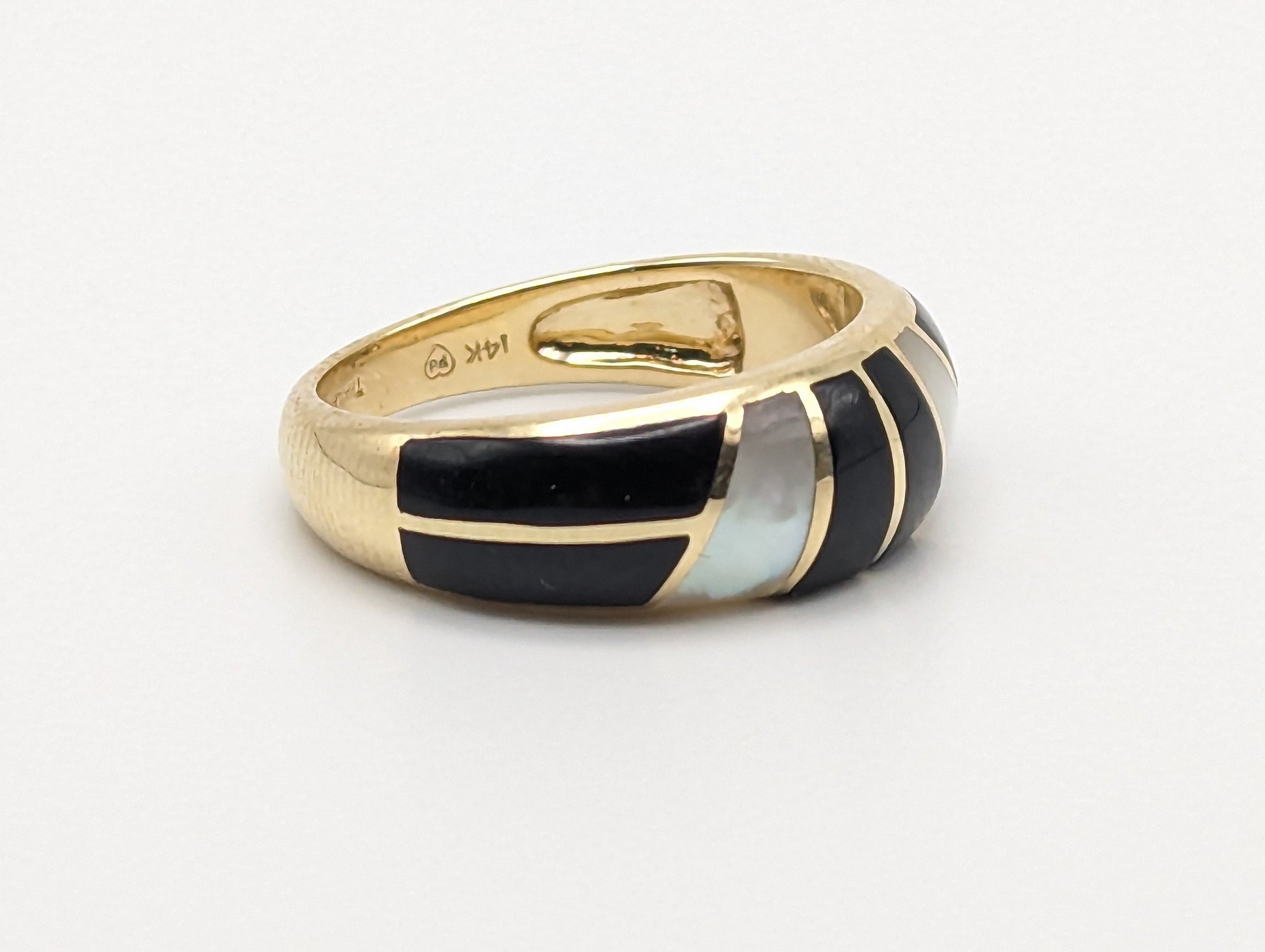 14k Yellow Gold Mother Pearl Inlays Onyx Ring. 14k Half Dome Mother Pearl Onyx Ring. Ladies Black Onyx & Mother Pearl Inlay Band in 14k.